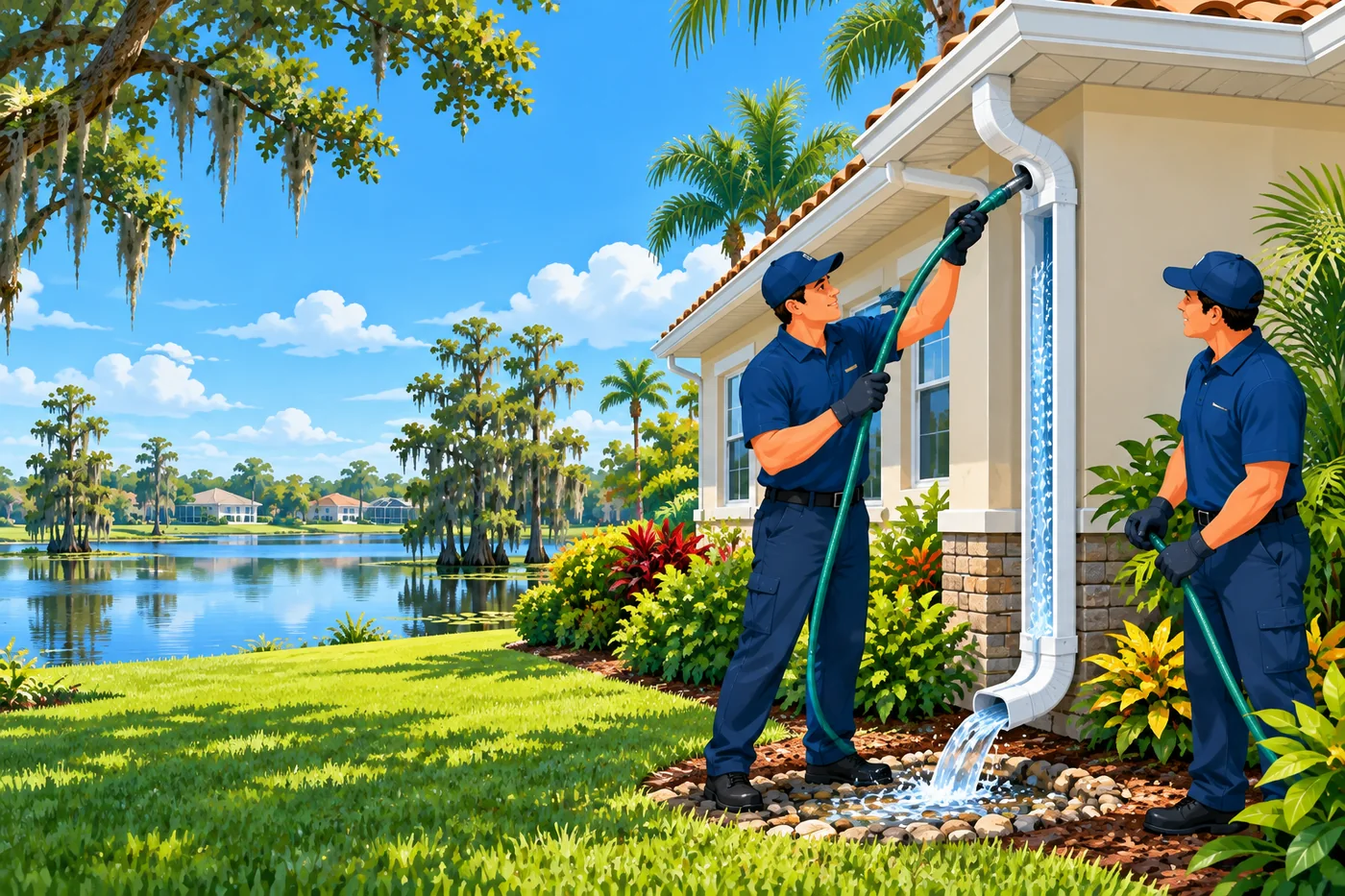 Illustration: gutter cleaning at a home in the Winter Springs area of Florida