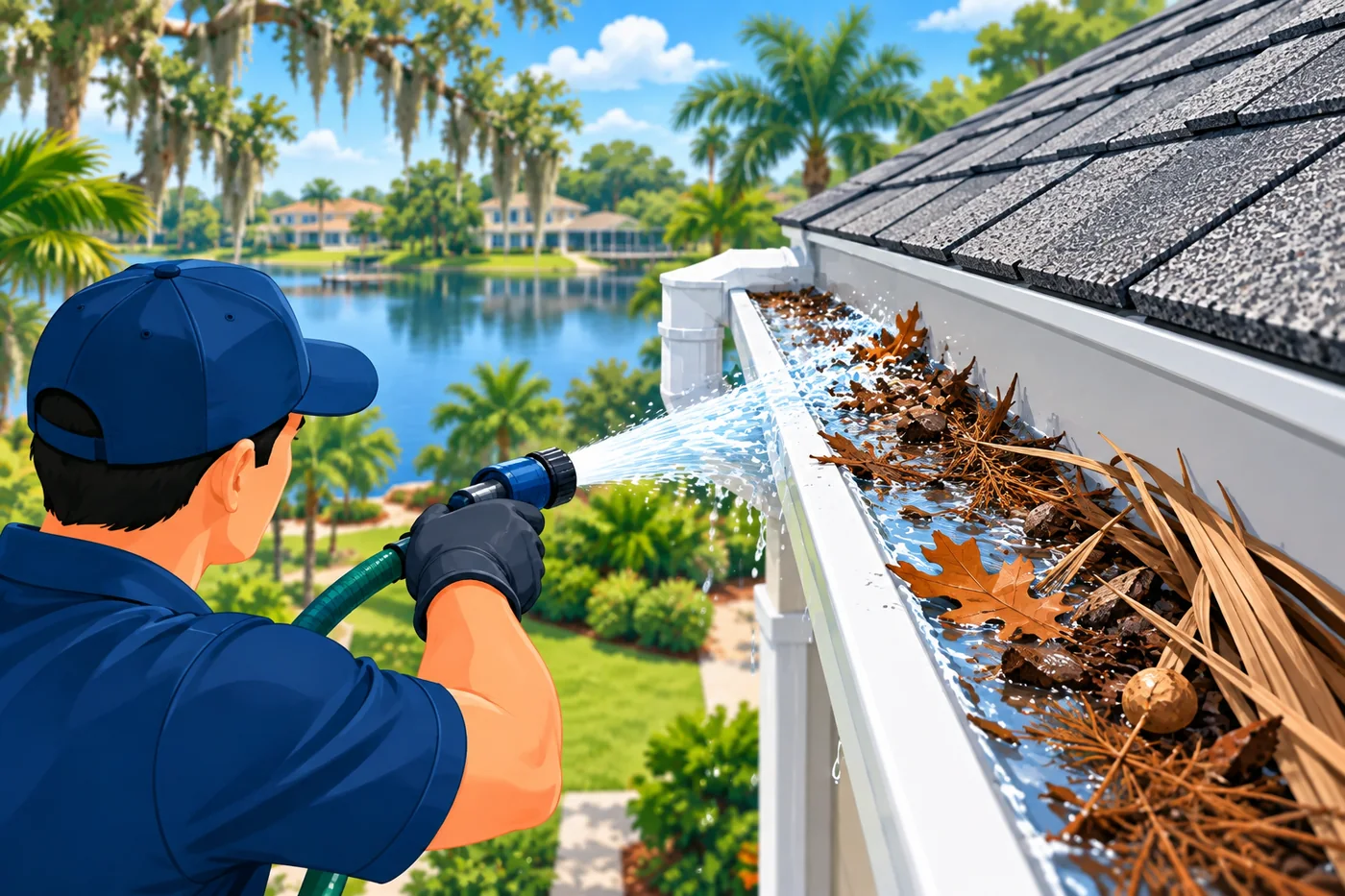 Illustration: gutter debris and cleaning at a Florida home near Winter Springs